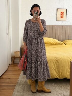 Vintage Floral Tiered Midi Dress Size XS Puff Sleeve Cottagecore Boho